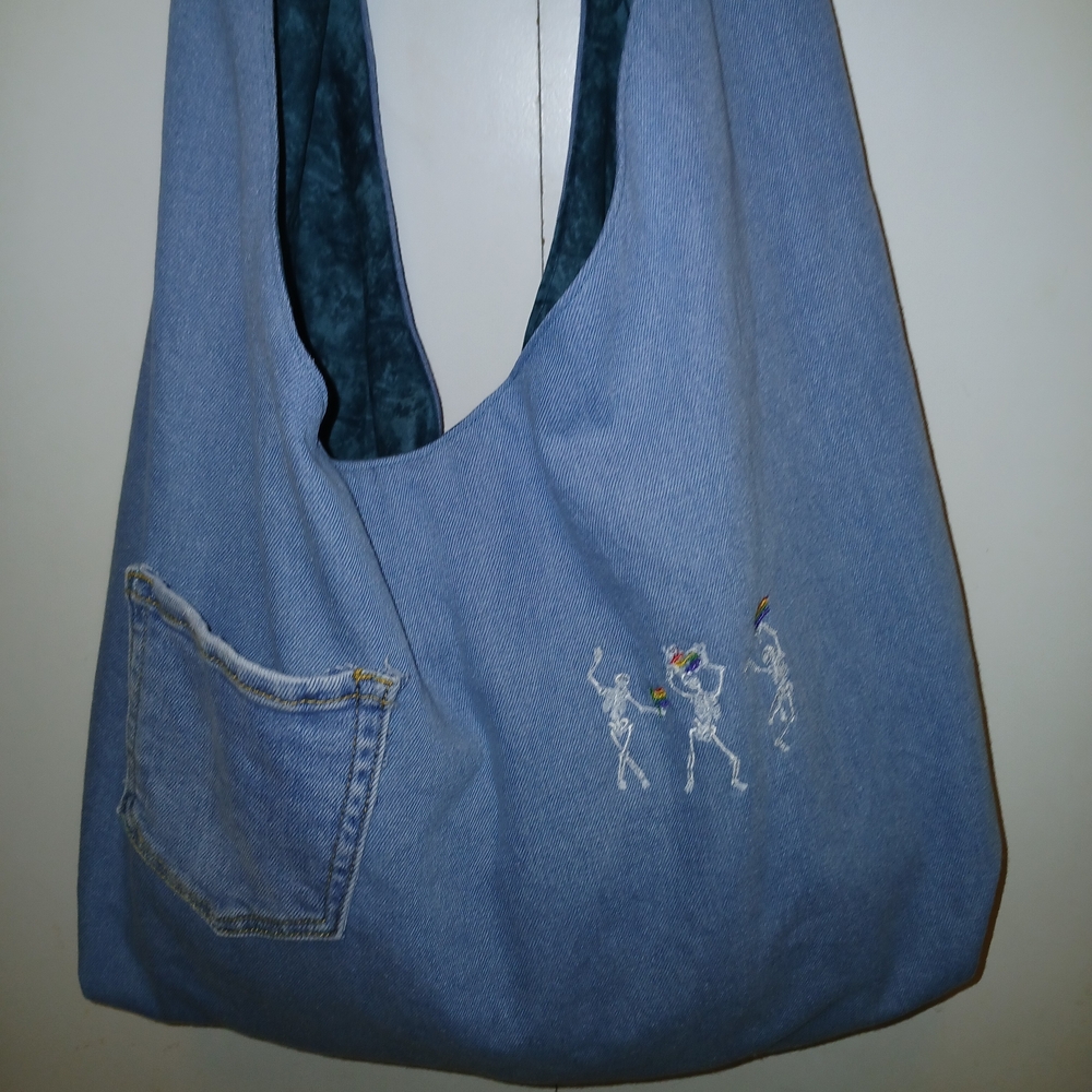 Blue Denim Tote Bag with Embroidered Skeletons